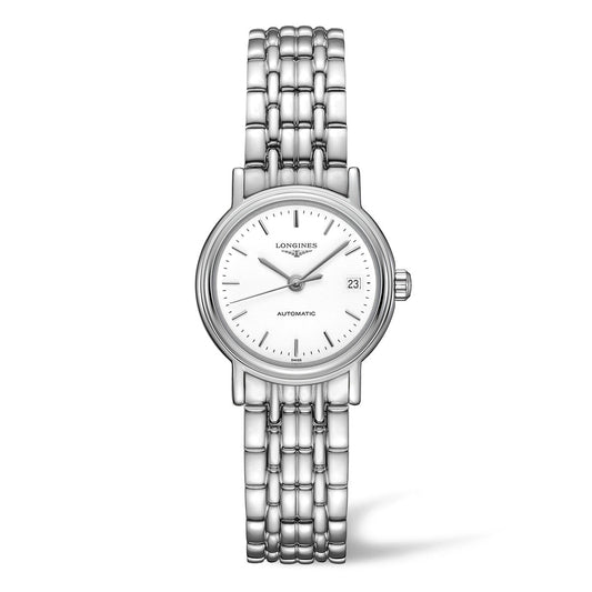 The Longines Présence Automatic 25.5mm Watch is a sleek silver wristwatch with a linked metal band. The white watch face features simple hour markers, two hands, and a small date window, with the word "Automatic" and the brand name "Longines" visible on the face.