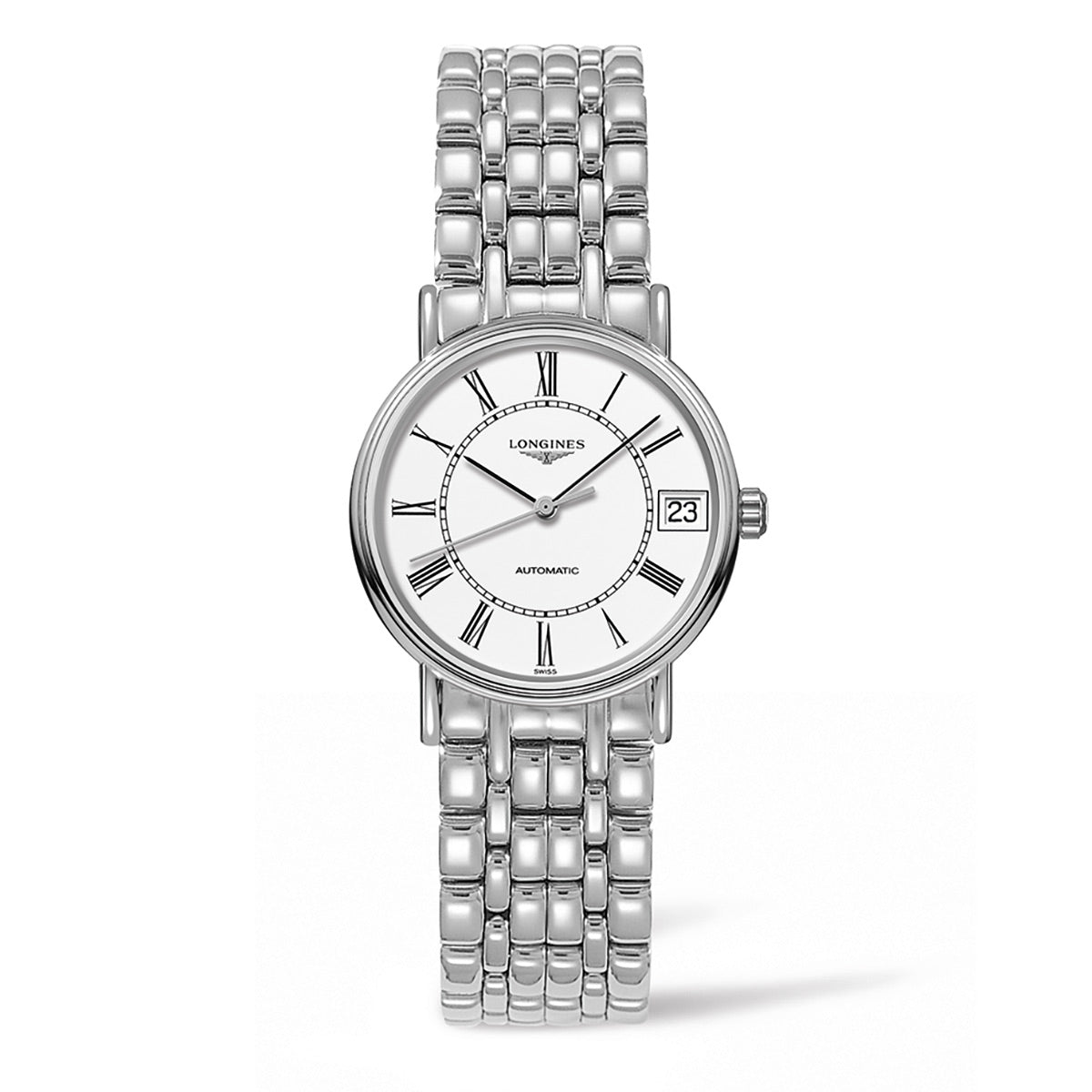 A silver Longines Présence Automatic 30mm wristwatch with a white dial featuring Roman numerals, black hour and minute hands, and a date window on the right side. It comes with a metal link bracelet and displays the brand name on the face.