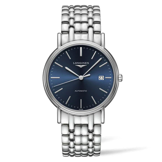 The Longines Présence Automatic 30mm Watch from Longines highlights a dark blue dial complete with a date display. It boasts a sleek, round face adorned with straightforward silver hour markers and hands. The polished metal bracelet strap enhances the elegance of this timepiece.