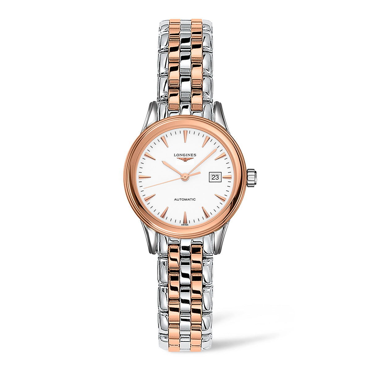 The Longines Flagship Automatic 30mm Watch showcases a white face, complemented by a two-tone metal band in silver and rose gold, along with a rose gold bezel. This elegant timepiece reflects timeless sophistication and includes a date display powered by its self-winding calibre mechanism.