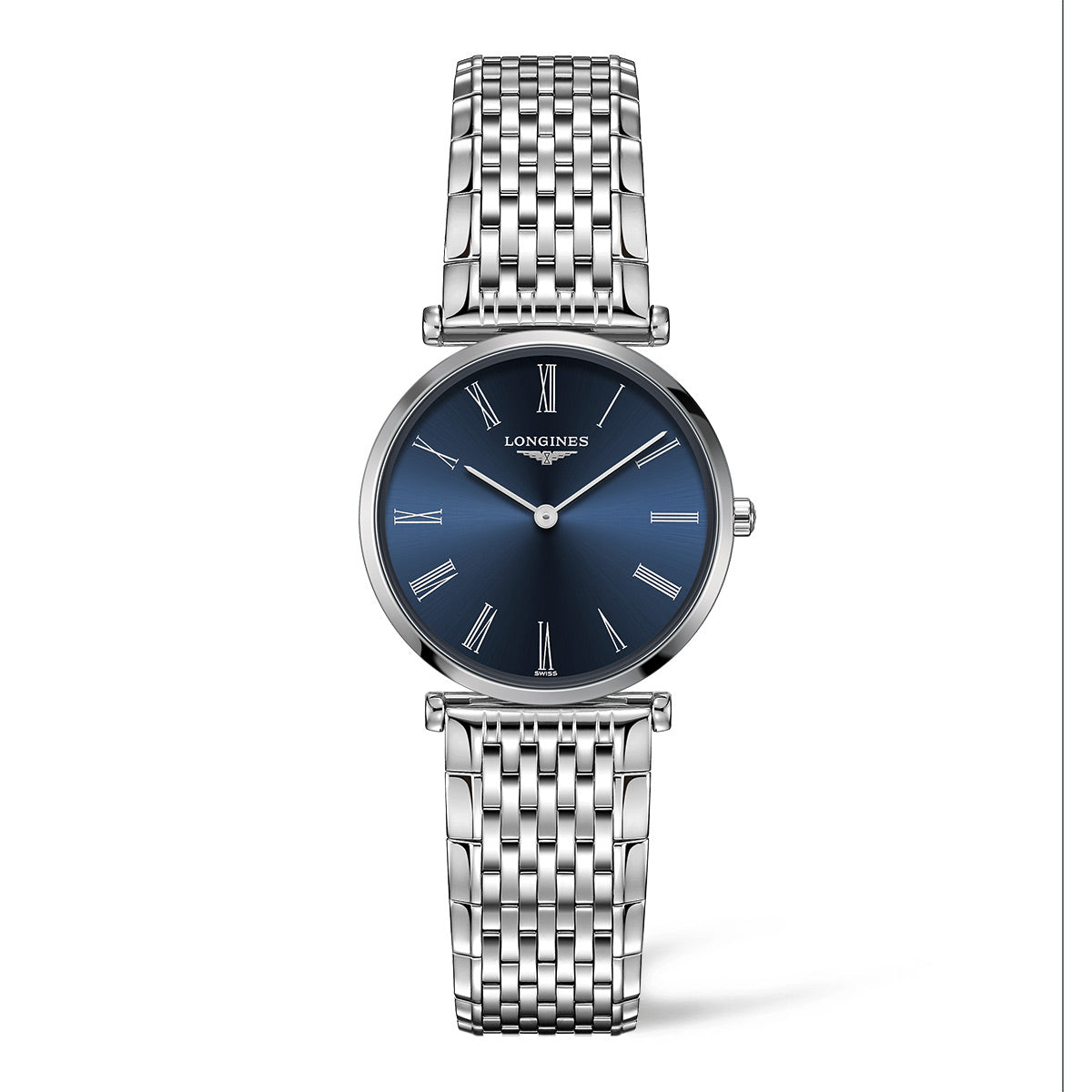 The Longines La Grande Classique Quartz 29mm Watch by Longines is a silver wristwatch with a blue dial showcasing Roman numerals and two hands. It features a woven metal strap and embodies minimalist design.