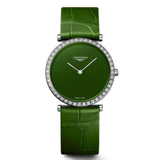 Explore the classic elegance of the Longines La Grande Classique Quartz 29mm Watch, showcasing a sleek design with a green dial and strap. The round face is encircled by a diamond-studded bezel, featuring the "Longines" logo beneath the 12 o'clock position. With its scratch-resistant sapphire crystal, it epitomizes timeless style.