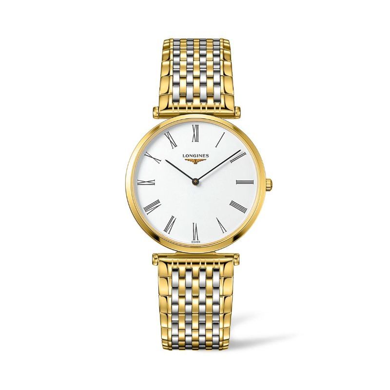 The Longines La Grande Classique Automatic 36mm Watch showcases timeless elegance with its gold link bracelet, white dial accented by Roman numerals, and thin, graceful hands that glide beneath a scratch-resistant sapphire crystal. The distinguished Longines name is prominently displayed under the 12 o'clock position.