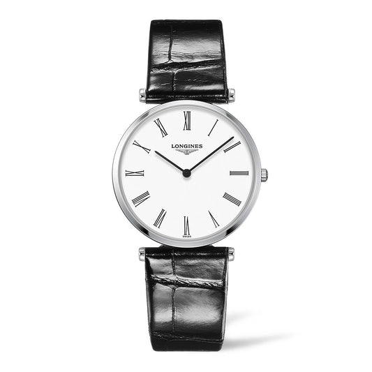 The Longines La Grande Classique Quartz 36mm Watch exhibits timeless sophistication with its black leather strap and silver case. The white dial, adorned with black Roman numerals and two hands, is elegantly enhanced by the brand name "Longines" positioned beneath the twelve o'clock mark.