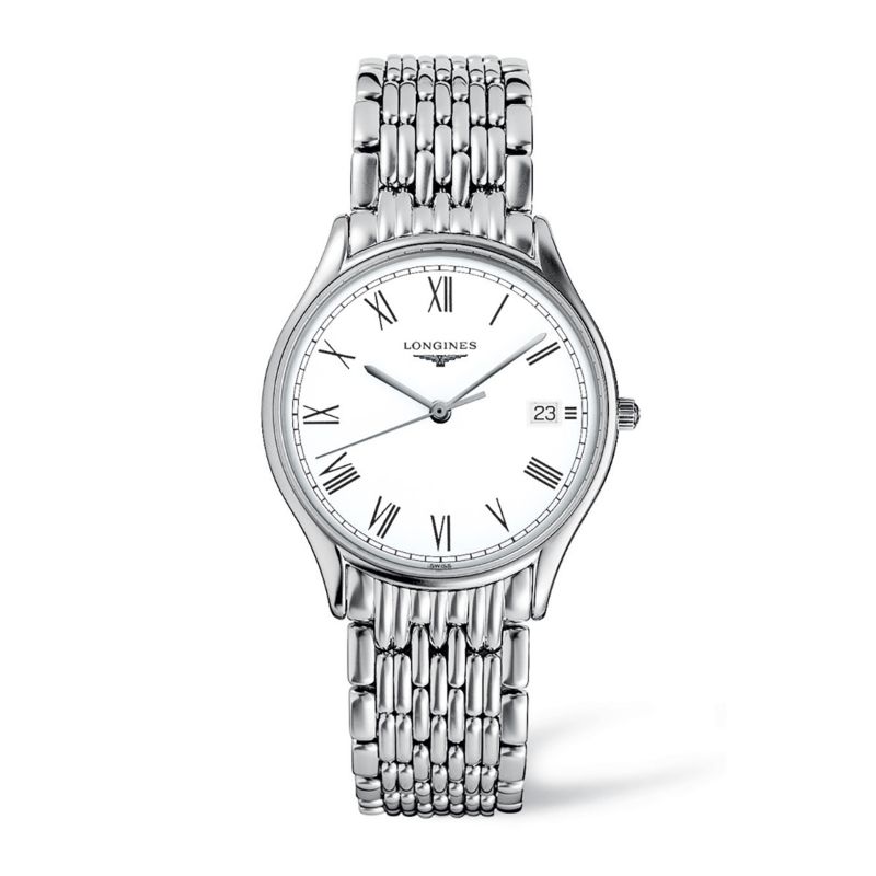 The Longines Lyre Automatic 35mm Watch from Longines showcases a white dial adorned with Roman numerals and includes a date display. It features a scratch-resistant sapphire crystal and operates with an automatic movement. The watch is complemented by a metal band with a linked pattern, providing both elegance and durability.