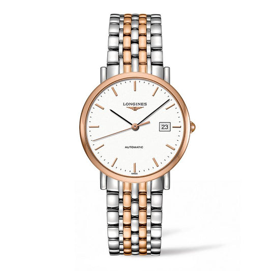 As part of the Longines Elegant Collection, this stylish wristwatch features a round white face with gold markers and a date display. The two-tone silver and gold link band complements the automatic movement visible on the dial, while its sapphire crystal adds an extra touch of sophistication.