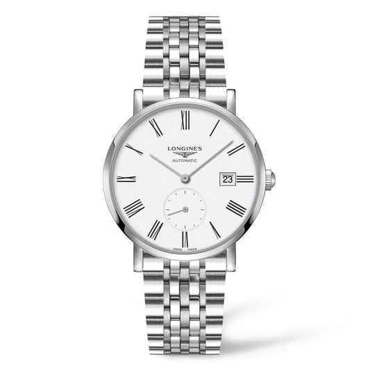 The Longines Elegant Collection Automatic 39mm Watch showcases a white face adorned with Roman numerals and a date window. With its stainless steel link band, this sophisticated timepiece from Longines is powered by an automatic mechanical movement, offering timeless elegance.