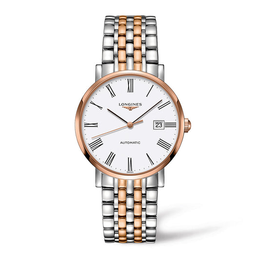 The Longines Elegant Collection Automatic 39mm Watch is a sophisticated wristwatch featuring a round white face with Roman numerals and a date display. Its elegant two-tone metal strap, combining silver and rose gold, perfectly complements the renowned Longines brand name. This automatic timepiece seamlessly merges sophistication with timeless style.