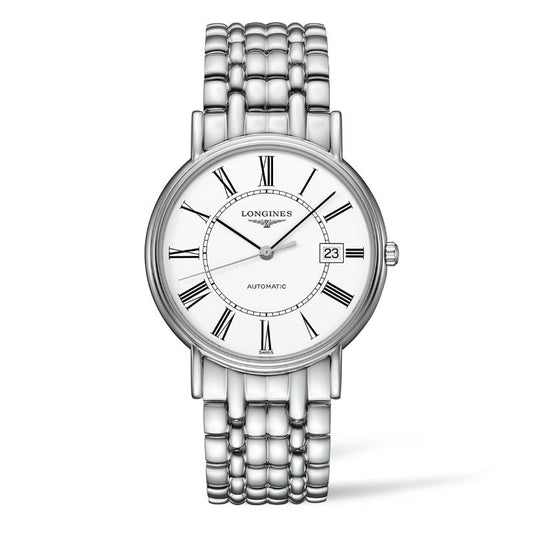 The Longines Présence Automatic 38.5mm Watch showcases timeless elegance with its silver wristwatch design, featuring a white round dial adorned with Roman numerals. This exquisite Swiss watch includes a date display at 3 o’clock, an automatic mechanism, and is elegantly paired with a stainless steel link bracelet.