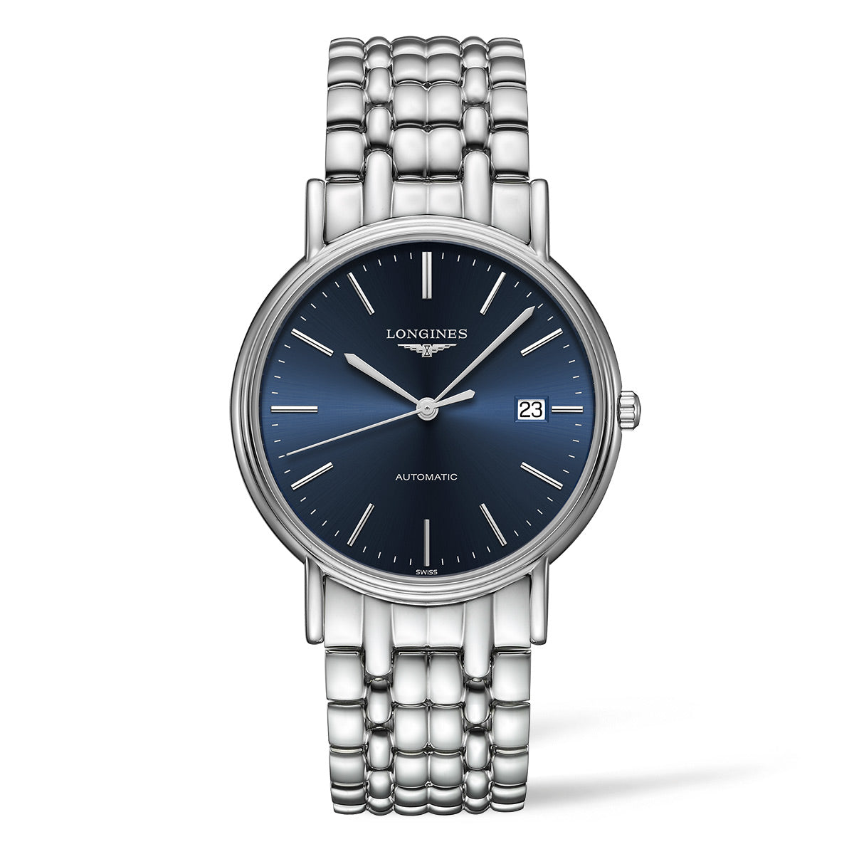 The Longines Présence Automatic 38.5mm Watch features a round blue dial with silver hour markers and hands, as well as a date display at the 3 o'clock position and the brand name "Longines" prominently displayed. It comes with a stainless steel band in a sophisticated silver finish.