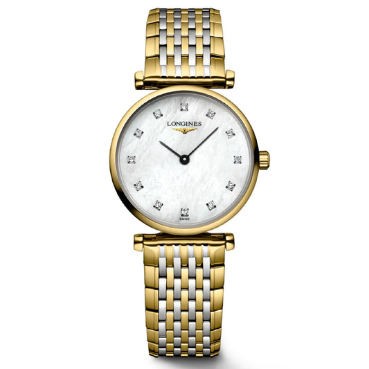 The Longines La Grande Classique Quartz 24mm Watch features a gold and silver two-tone stainless steel bracelet, white round face with diamond hour markers, black hands, minimalist design, and water resistance for daily elegance.