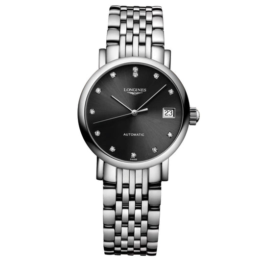 The Longines Elegant Collection Automatic 25.5mm Watch is a stunning timepiece by Longines, showcasing a silver design with a stainless steel bracelet. It features a black dial adorned with diamond hour markers and includes a date display at the 3 o'clock position.