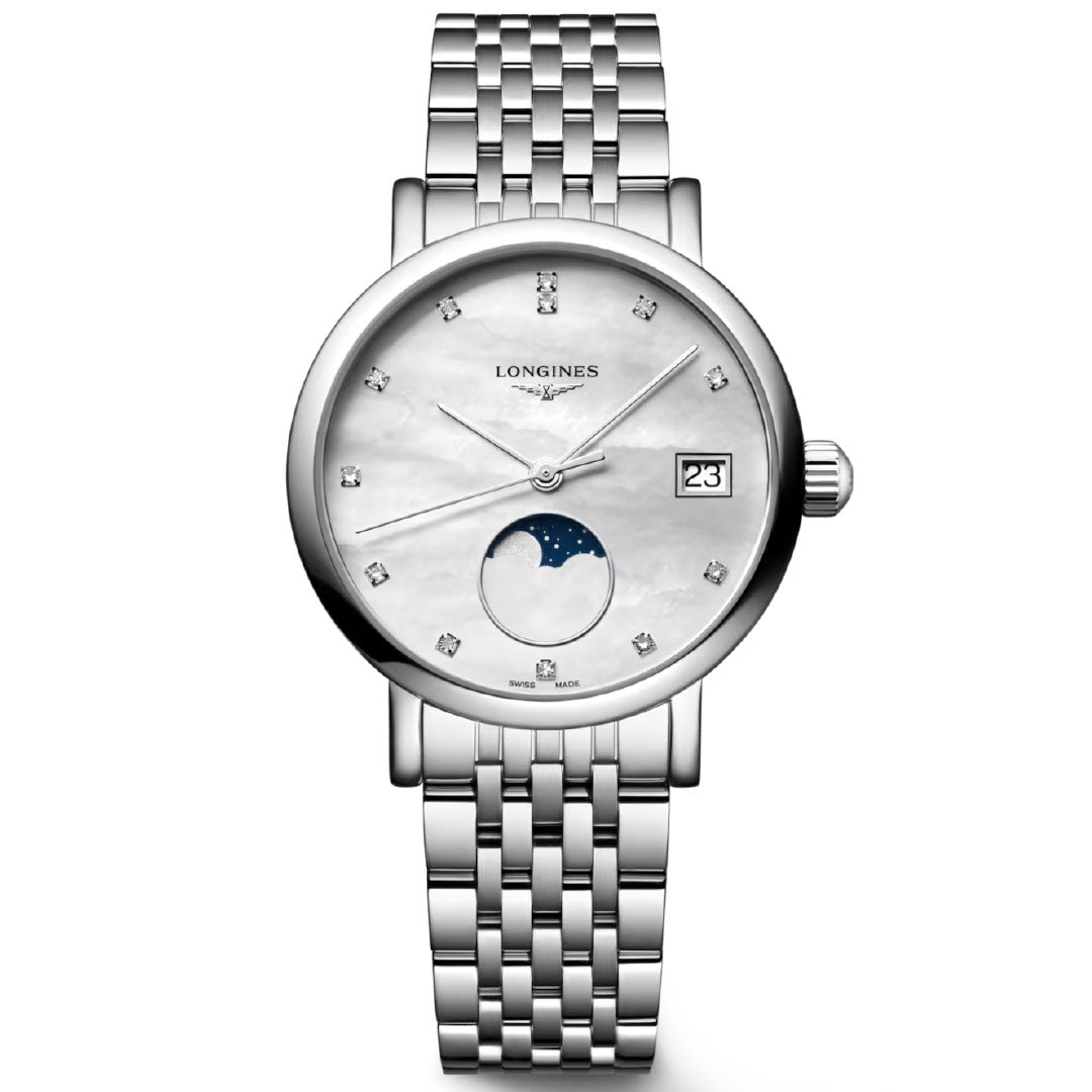 The Longines Elegant Collection Moonphase Quartz 30mm Watch features a silver metal band, round white dial with diamond hour markers, date at 3 o’clock, Moonphase Date at 6 o’clock, and scratch-resistant sapphire crystal.