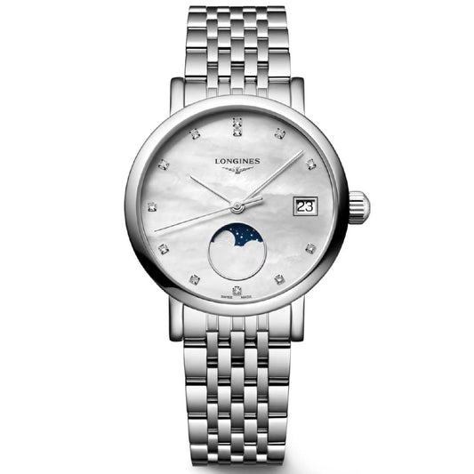 The Longines Elegant Collection Moonphase Quartz 30mm Watch features a silver metal band, round white dial with diamond hour markers, date at 3 o’clock, Moonphase Date at 6 o’clock, and scratch-resistant sapphire crystal.