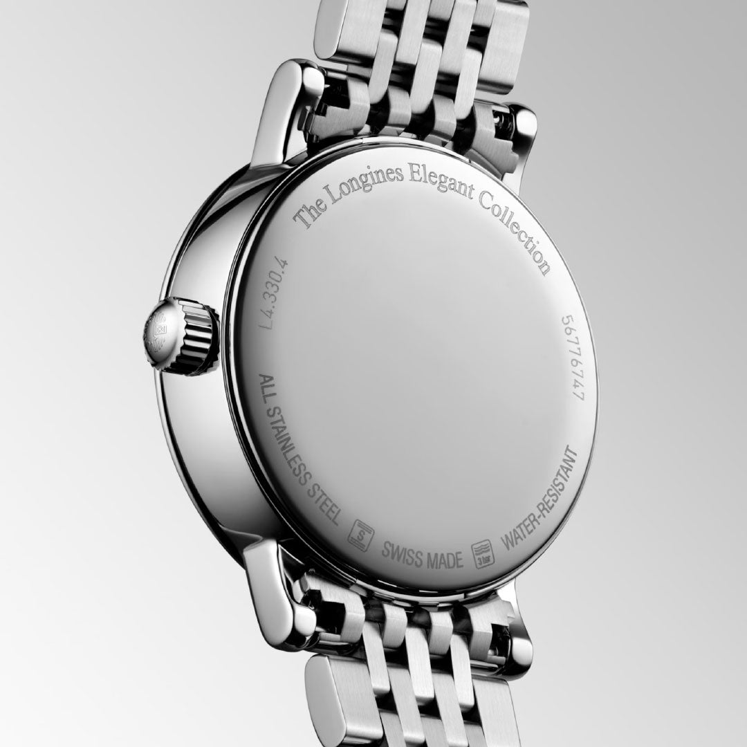 The back of the Longines Elegant Collection Moonphase Quartz 30mm Watch displays engraved details like “All Stainless Steel,” “Swiss Made,” and its serial number, complementing the scratch-resistant sapphire crystal.