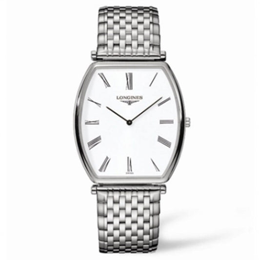 Image of the Longines La Grande Classique Quartz 38.3 x 35mm watch, featuring a silver metal band and white face. The watch showcases slim black Roman numerals, black hands, and maintains a simple, elegant design.