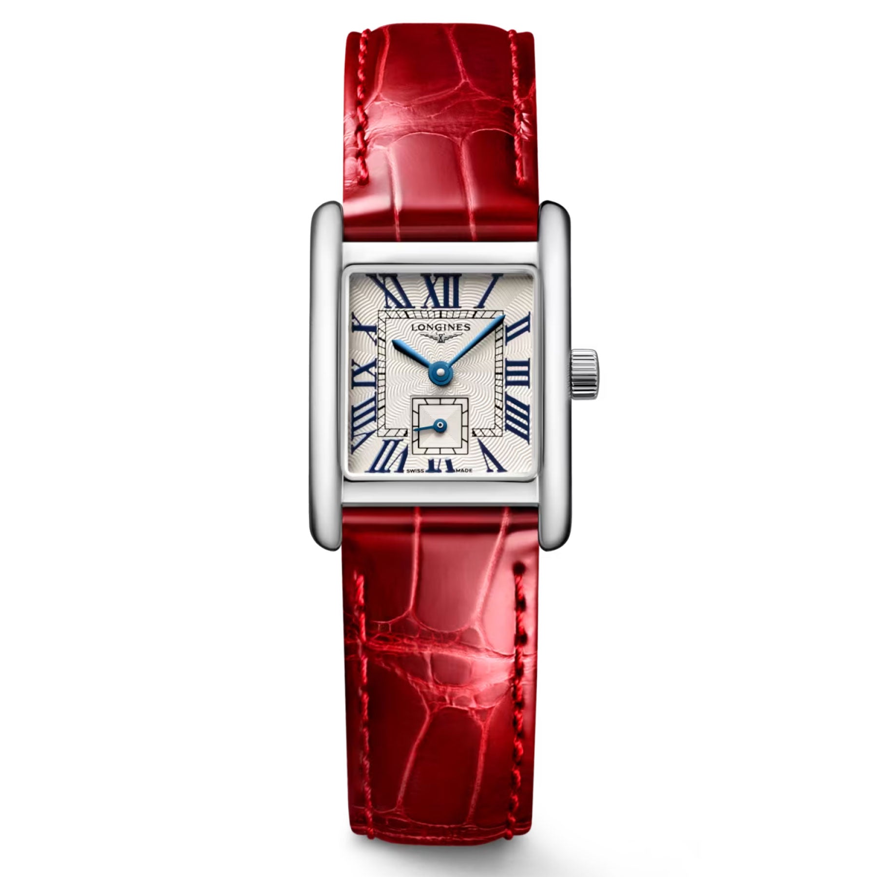 The Longines Mini Dolcevita Quartz 21.5 x 29mm Watch showcases a stainless steel case with prominent Roman numerals, elegant blue hour and minute hands, and a small second hand. It is complemented by a red leather strap featuring a crocodile skin pattern effect.