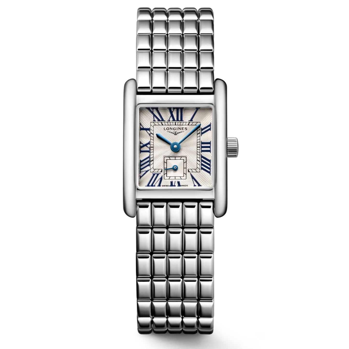 The Longines Mini Dolcevita Quartz 21.5 x 29mm Watch showcases a rectangular face adorned with blue Roman numerals, complemented by a small subdial and an intricate textured pattern. Its sleek stainless steel case seamlessly pairs with the polished link bracelet, offering a blend of elegance and precise quartz movement inherent to the Longines brand.