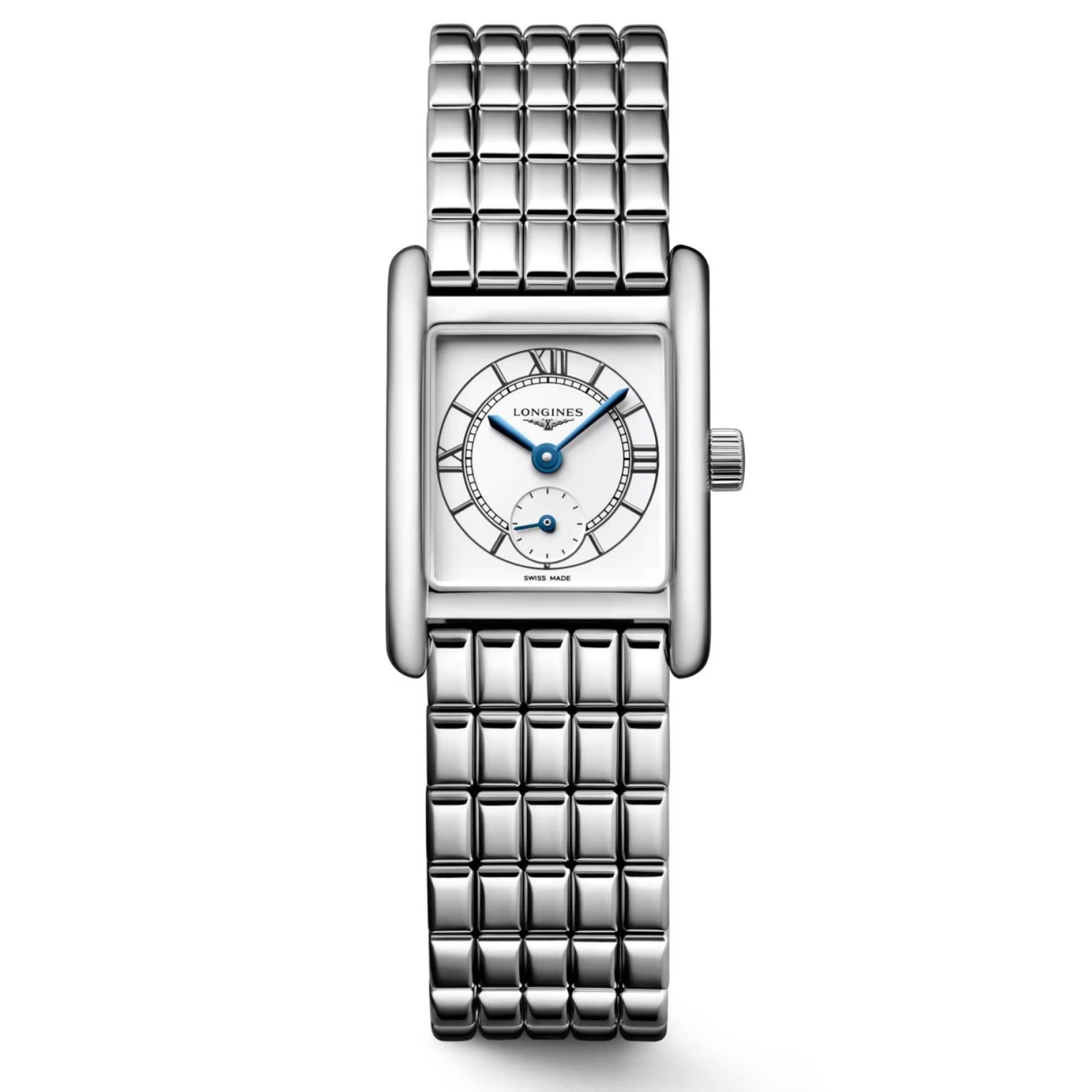 The Longines Mini Dolcevita Quartz 21.5 x 29mm Watch features a stainless steel case with a rectangular face and metal bracelet. Its white dial is elegantly designed with blue hands and Roman numeral hour markers, complemented by the Longines brand name displayed beneath the 12 o'clock marker, exuding timeless elegance.