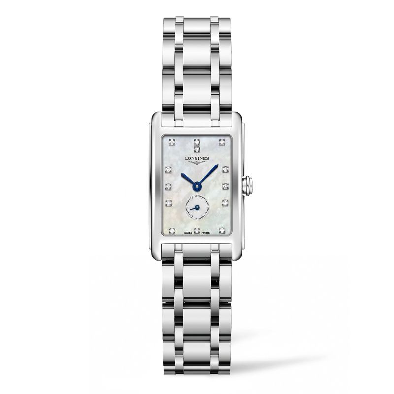 The Longines DolceVita Quartz 20.80 x 32mm Watch exudes contemporary elegance with its metal link bracelet. Its rectangular silver face features diamond indexes, blue hands, a small seconds subdial, and the "Longines" brand name on a plain white background.