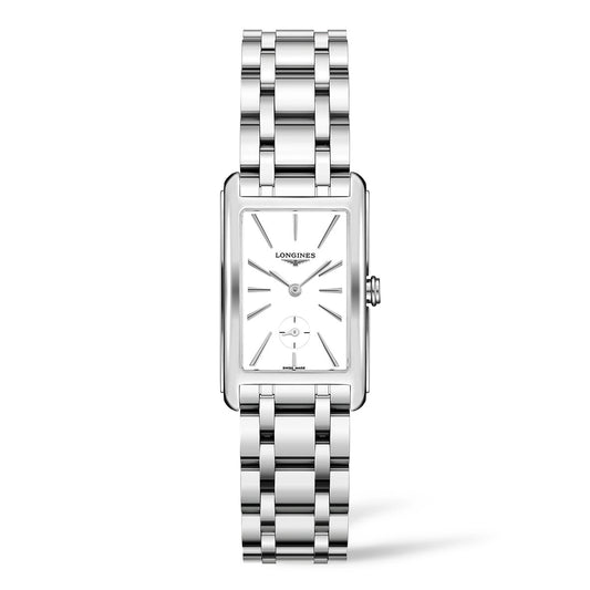 The Longines Dolcevita Quartz 23.3 x 37mm Watch by Longines showcases a sleek silver rectangular design with a metal link bracelet. Its white face is elegantly detailed with silver hour and minute markers, complemented by a smaller subdial positioned at 6 o'clock for an added touch of elegance.