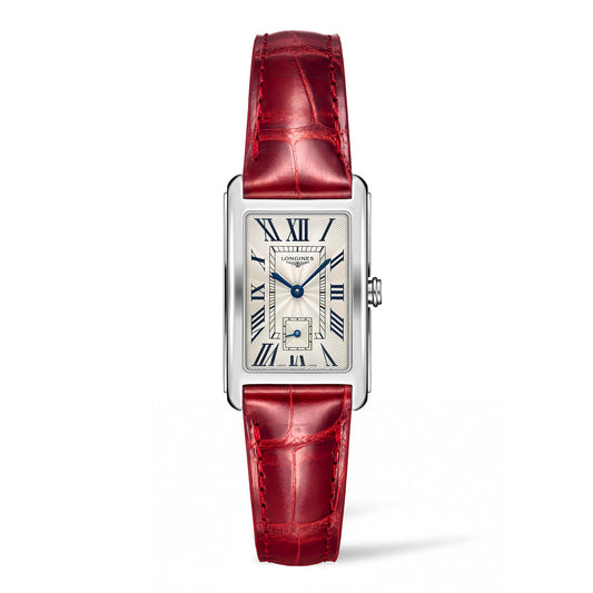 The Longines Dolcevita Quartz 23.3 x 37mm Watch features a rectangular silver face adorned with black Roman numerals and elegant blue hands. It comes with a red crocodile-patterned leather strap and a classic silver case, housing a self-winding calibre with a small date window above the 6 o'clock position.