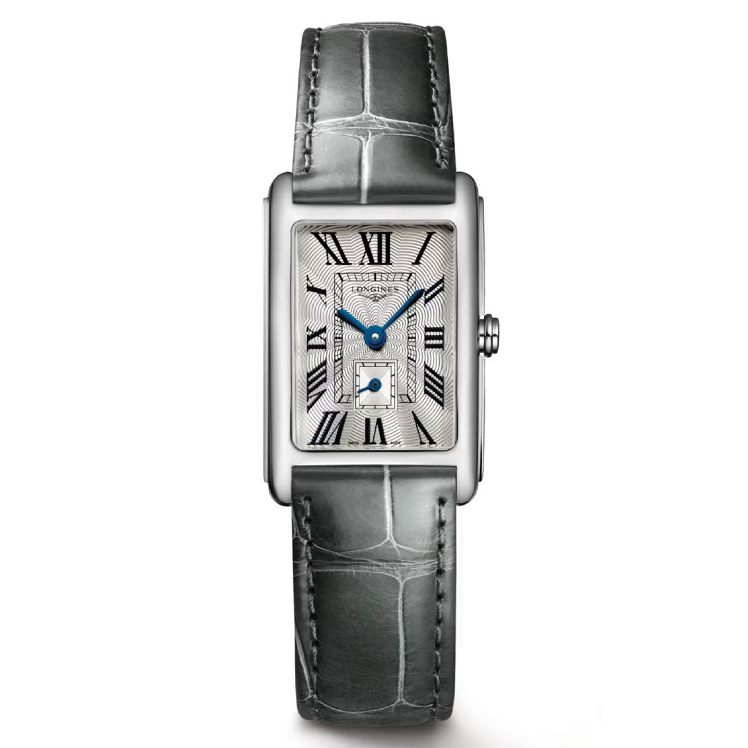 The Longines Dolce Vita Quartz 20.8 x 32mm Watch merges contemporary elegance with its rectangular design, showcasing a silver case and gray leather strap. This creation from the iconic brand Longines features Roman numerals, blue hands, and a small sub-dial adorning its white textured face.