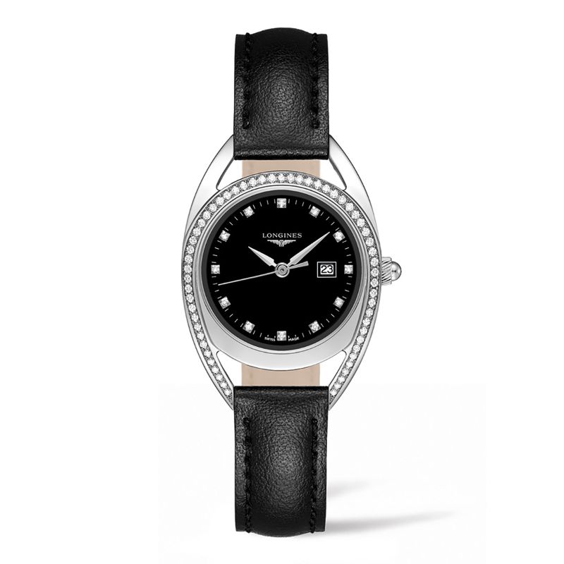 The Longines Equestrian Quartz 30mm Watch from Longines is a luxury timepiece showcasing exquisite craftsmanship. It features a sleek black face paired with a black leather strap and is complemented by a silver oval bezel adorned with small diamonds. The watch also includes a calendar date feature on the right side of the dial.