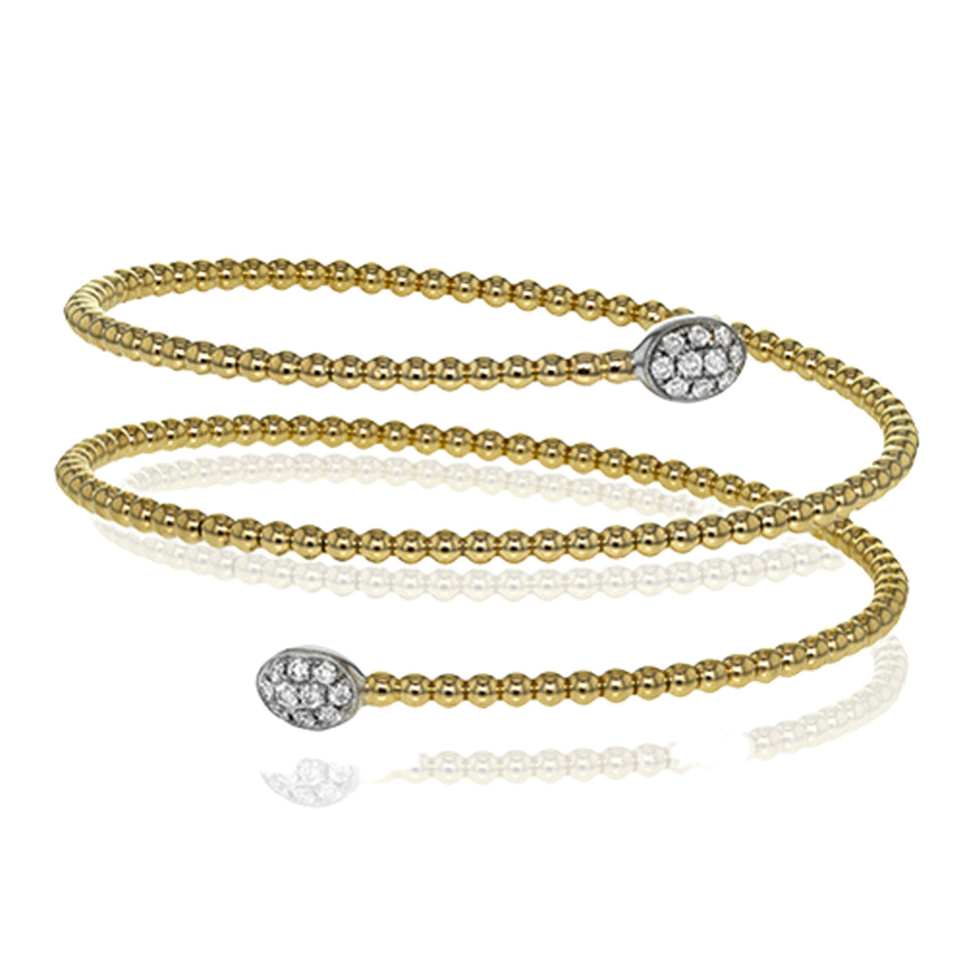 The Simon G. 18K Yellow Gold Diamond Triple Twist Bangle gracefully features a coiled design with small, round beads, elegantly highlighting its oval ends adorned with white diamonds. This stunning piece creates a reflective appearance that makes it ideal for stacking alongside other treasures.