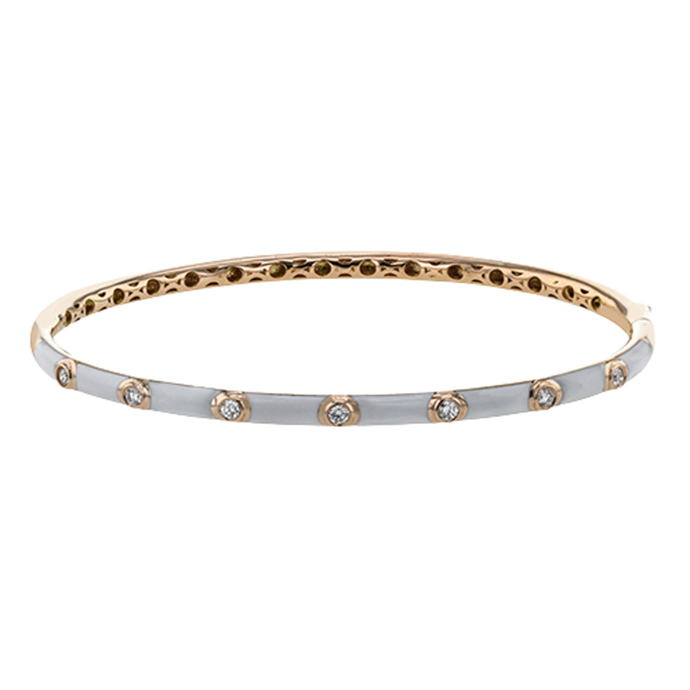 Introducing the Simon G 18K White Gold Diamond Bangle: a delicately crafted accessory adorned with small, evenly spaced diamonds. This exquisite design features a smooth white gold exterior that contrasts elegantly with its gold interior, capturing both elegance and simplicity.