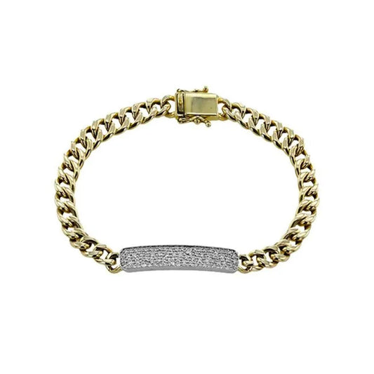 The Simon G. 18K White and Yellow Gold Diamond Chain Link ID Bracelet is a stylish piece featuring a rectangular, textured silver plate in the center and a secure clasp closure. This elegant two-tone bracelet from Simon G showcases chain link detail for an exquisite look.