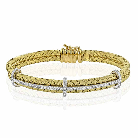 The Simon G. 18K Two Tone Gold Diamond Bracelet showcases a braided design in gold, highlighted by a stunning silver cross accented with round diamonds at the center. Its gold-toned clasp complements the intricate woven details of this sophisticated piece.