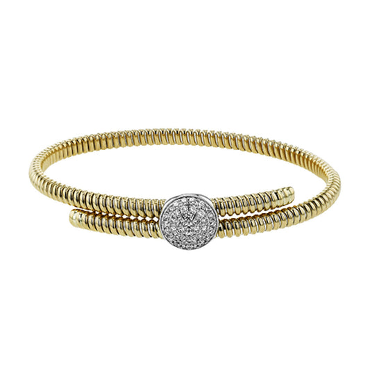 The Simon G. 18K White and Yellow Gold Diamond Bracelet features a coiled design with a round, silver-toned centerpiece set with sparkling diamonds.