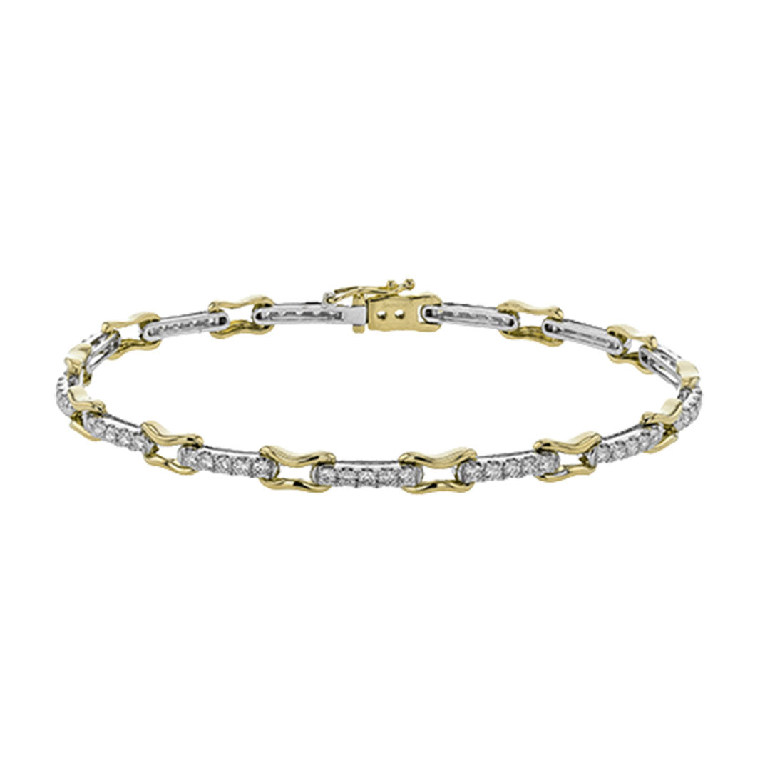 The Simon G. 18K White and Yellow Gold Diamond Bracelet features alternating gold links and silver sections set with 1.61 CTW round diamonds, finished with a secure clasp.
