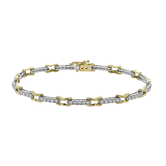 The Simon G. 18K White and Yellow Gold Diamond Bracelet features alternating gold links and silver sections set with 1.61 CTW round diamonds, finished with a secure clasp.