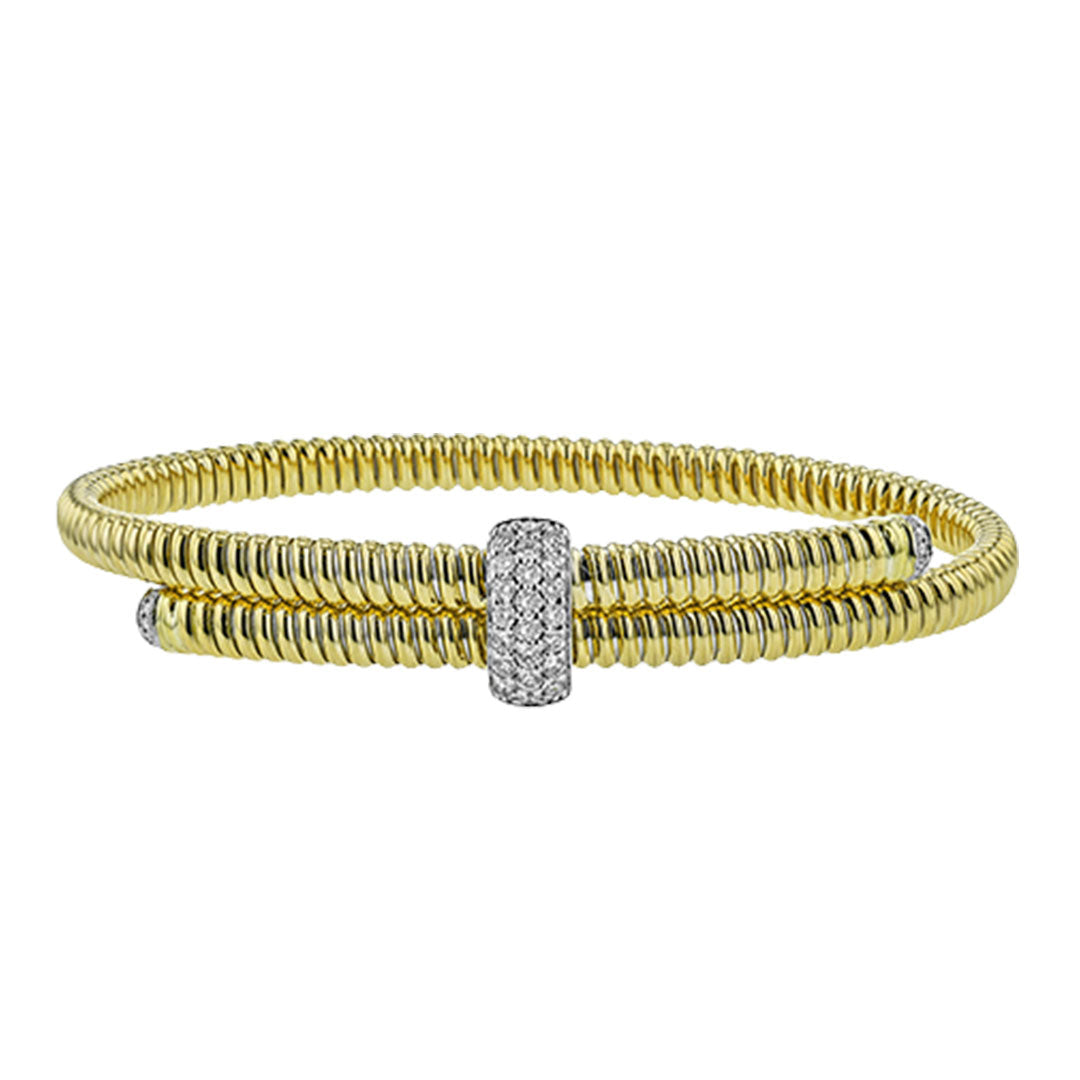 The Simon G 18K White and Yellow Gold Diamond Bracelet by Simon G features a diamond-encrusted cylindrical accent, displayed on a white background.