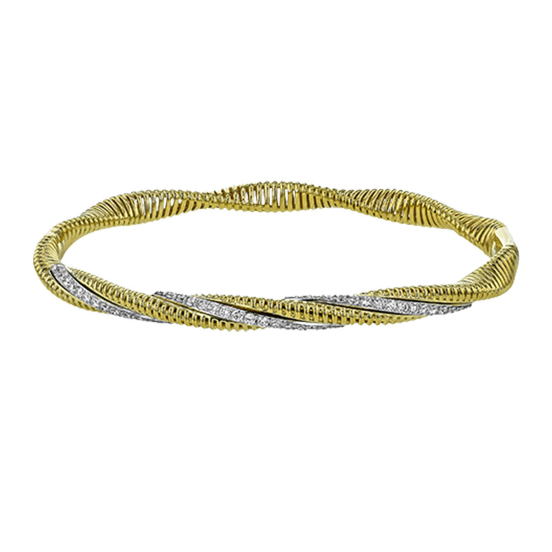 The Simon G. 18K White and Yellow Gold Diamond Bracelet features a twisted design with alternating textured segments, showcasing a sleek, modern look from the renowned brand Simon G.