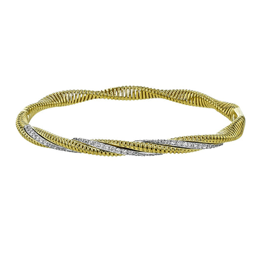 The Simon G. 18K White and Yellow Gold Diamond Bracelet features a twisted design with alternating textured segments, showcasing a sleek, modern look from the renowned brand Simon G.
