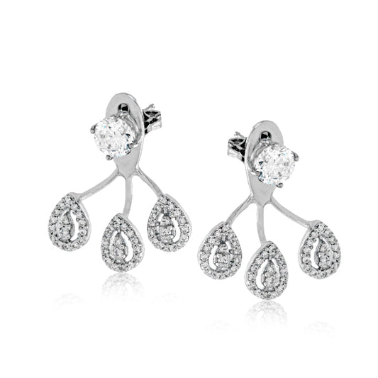 The Simon G. 18K White Gold Zirconium with Diamond Earrings from the Simon G brand feature a distinctive design with a large central round diamond and three droplet-shaped extensions embellished with cubic zirconium, creating a floral or branching motif.