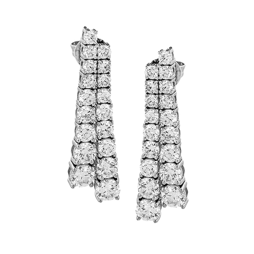 The Simon G. 18K White Gold Diamond Drop Earrings showcase three rows of sparkling round diamonds totaling 3.45 CTW, set in white gold for a luxurious and symmetrical look.