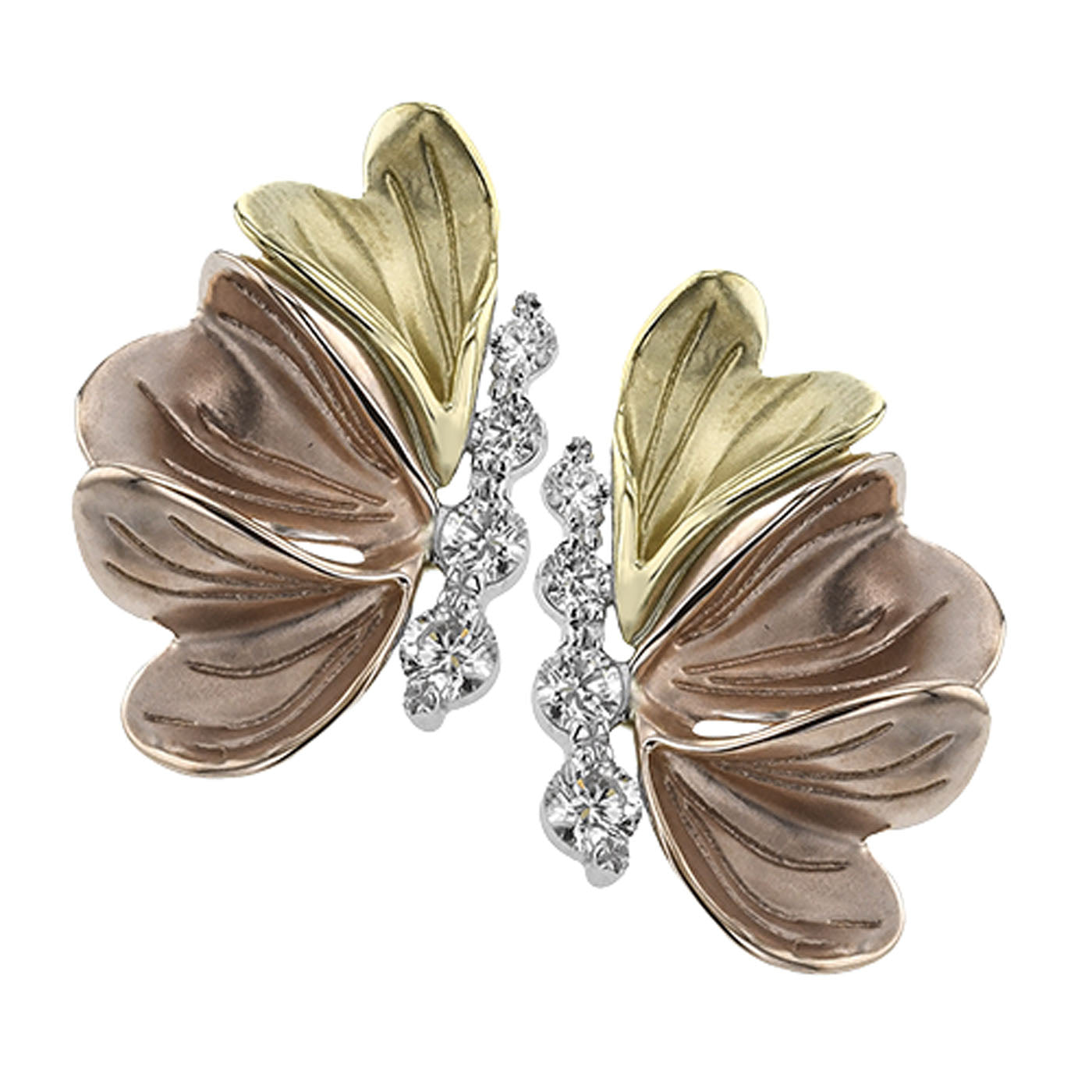 The Simon G. 18K Multi-Colour Gold Diamond Earrings feature an elegant petal-shaped design with a mix of gold and copper tones, highlighted by sparkling silver details and small gemstones at the center, making them perfect for any occasion.