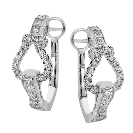 The Simon G. 18K White Gold Diamond Hoop Earrings are embellished with dazzling diamonds and showcase a distinctive twisted design.