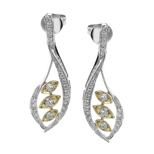Explore the stunning Simon G. 18K White Gold Diamond Drop Earrings, a sophisticated pair featuring a graceful silver curved design embellished with small round diamonds. Each earring showcases three gold leaf motifs, each beautifully adorned with a diamond.