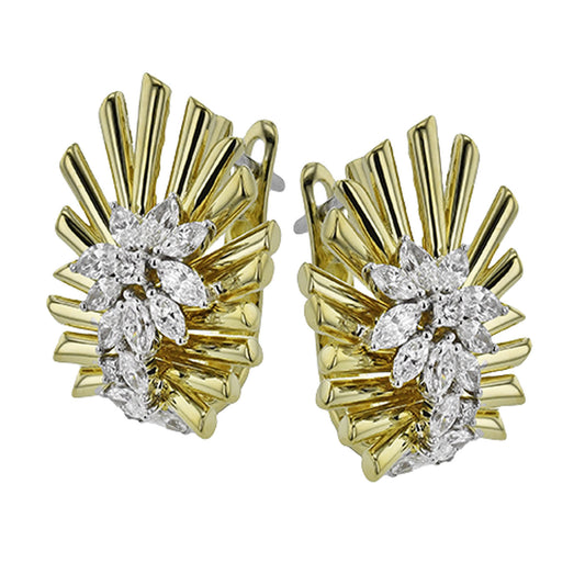 A pair of Simon G. 18K Yellow Gold Diamond Earrings showcasing an exquisite design with fan-like gold elements and marquise diamond clusters arranged in floral patterns.