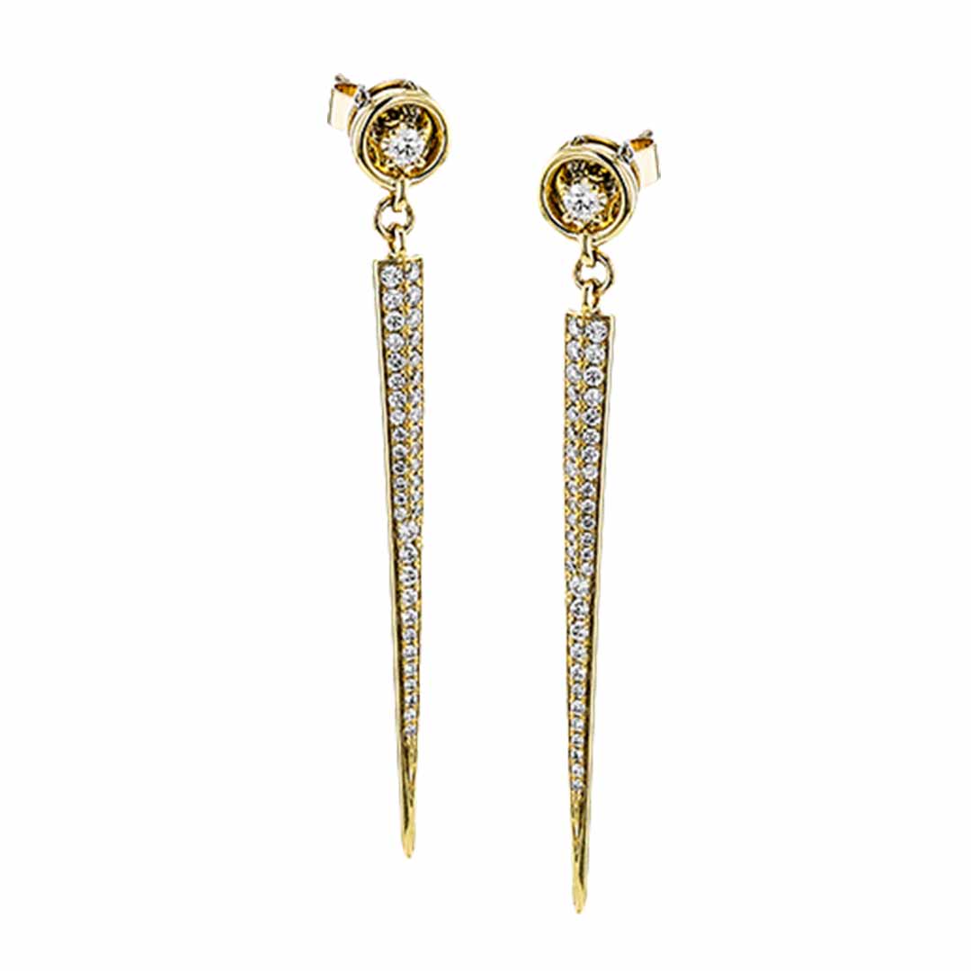 Presenting the Simon G. 18K Yellow Gold Diamond Earrings, these elegant drop earrings crafted by Simon G are made from exquisite 18 Karat yellow gold. They feature a round, sparkling gemstone at the top and each earring showcases a long, tapering stem embellished with small, glittering diamonds that add to their timeless sophistication.