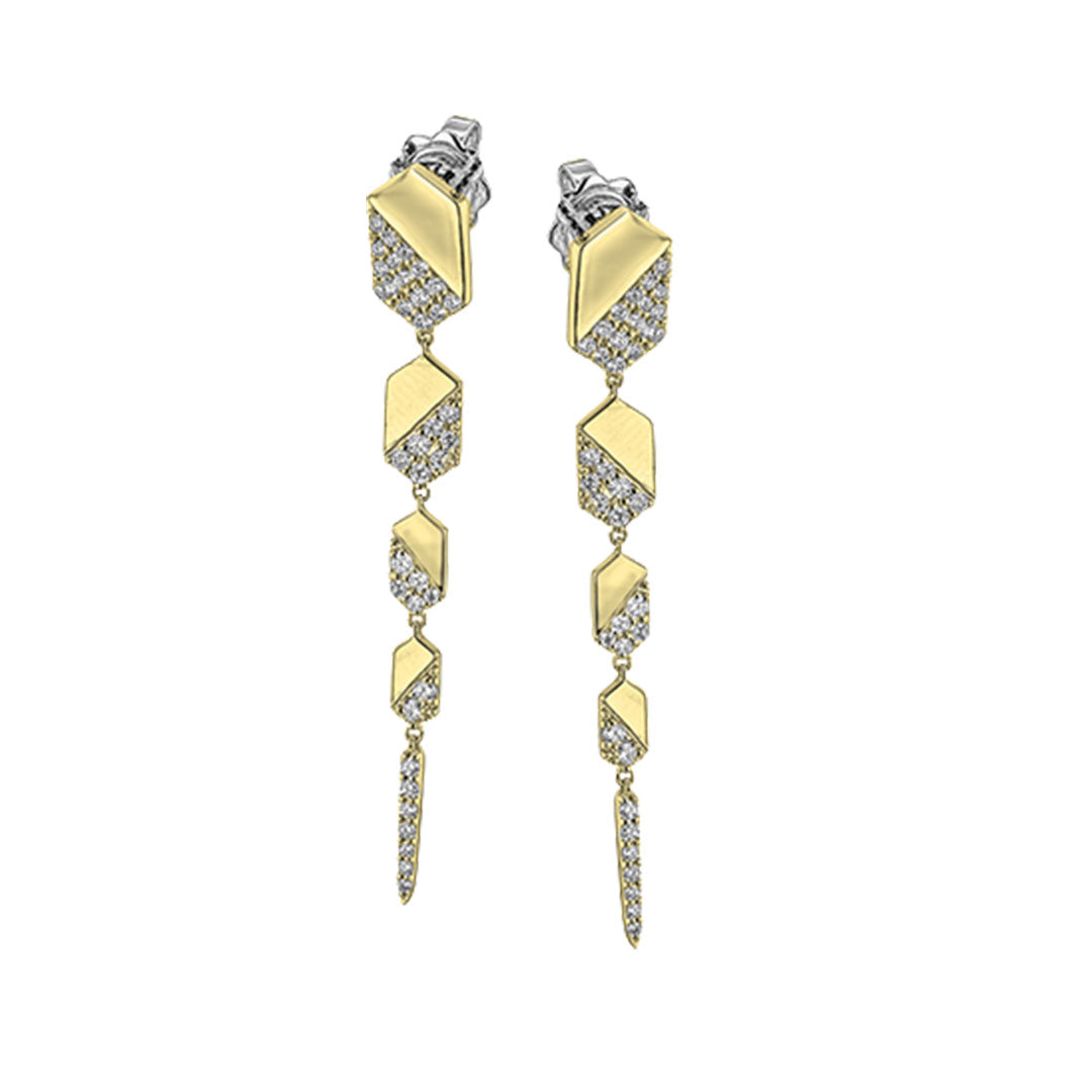 Simon G. 18K White and Yellow Gold Diamond Drop Earrings feature a modern, angular design with geometric shapes and sparkling round diamonds totaling 0.60 CTW.
