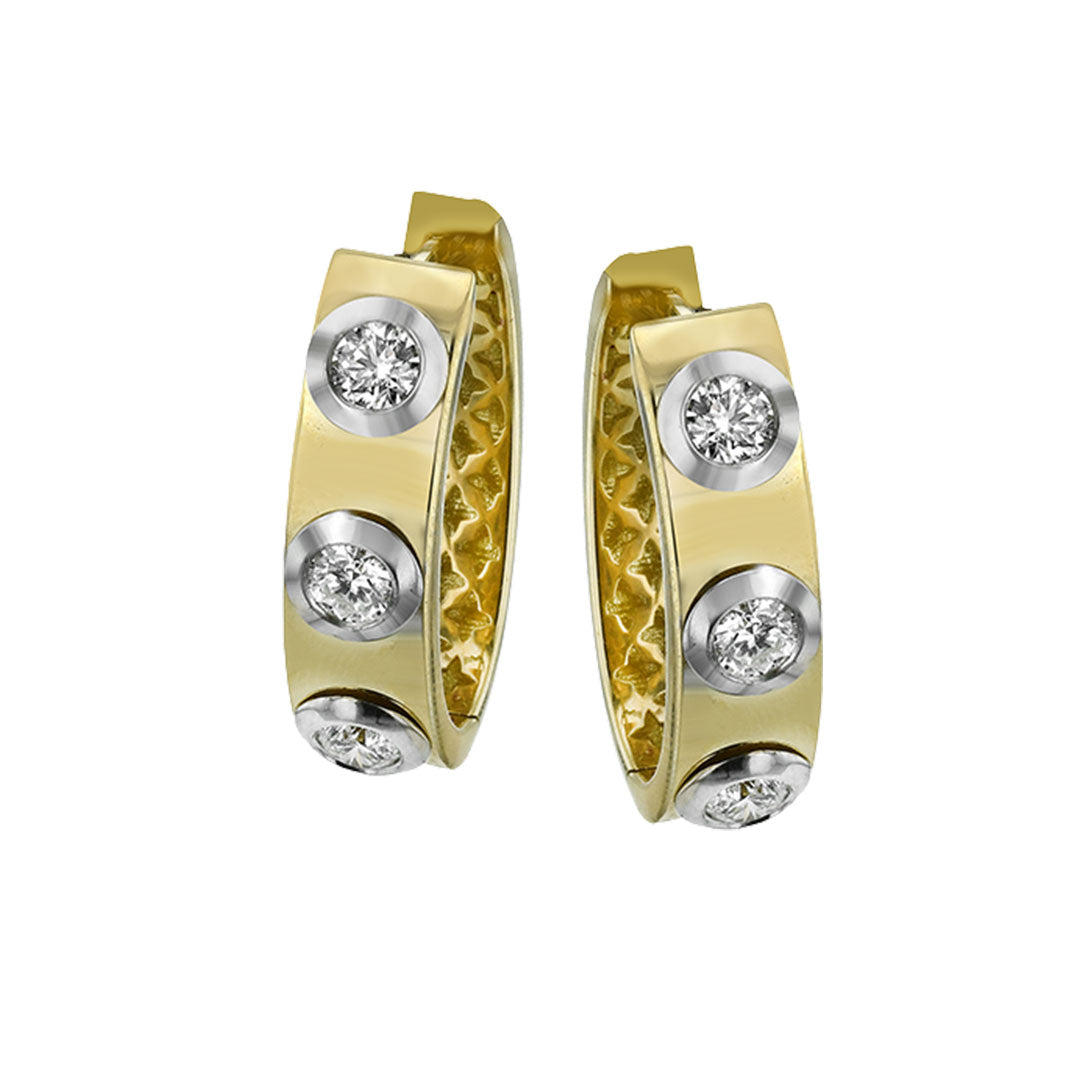 The Simon G. 18K White and Yellow Gold Diamond Hoop Earrings feature three bezel-set round diamonds on each polished hoop, blending white and yellow gold accents for a timeless, elegant look.