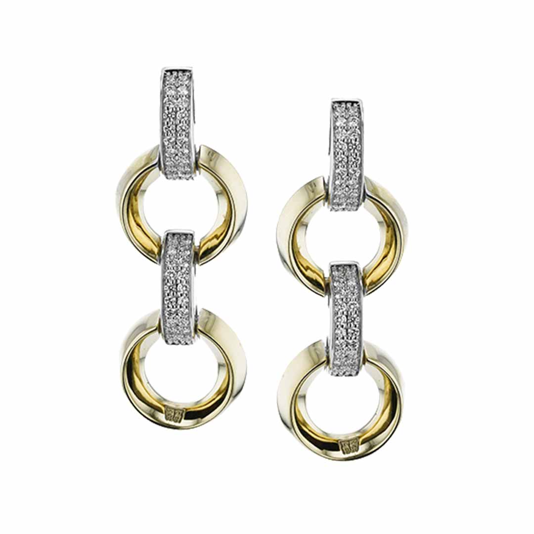 Discover the stunning Simon G. 18K Two Tone Gold Diamond Earrings, featuring an exquisite design of alternating gold and silver elements. Each earring showcases two gold circular links connected by a textured rectangular silver link embellished with delicate diamonds, creating a striking vertical chain pattern that evokes the elegance of classic Tone Earrings.