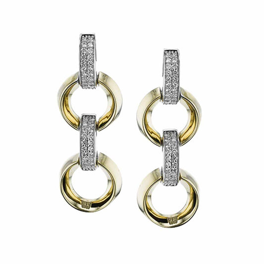 Discover the stunning Simon G. 18K Two Tone Gold Diamond Earrings, featuring an exquisite design of alternating gold and silver elements. Each earring showcases two gold circular links connected by a textured rectangular silver link embellished with delicate diamonds, creating a striking vertical chain pattern that evokes the elegance of classic Tone Earrings.