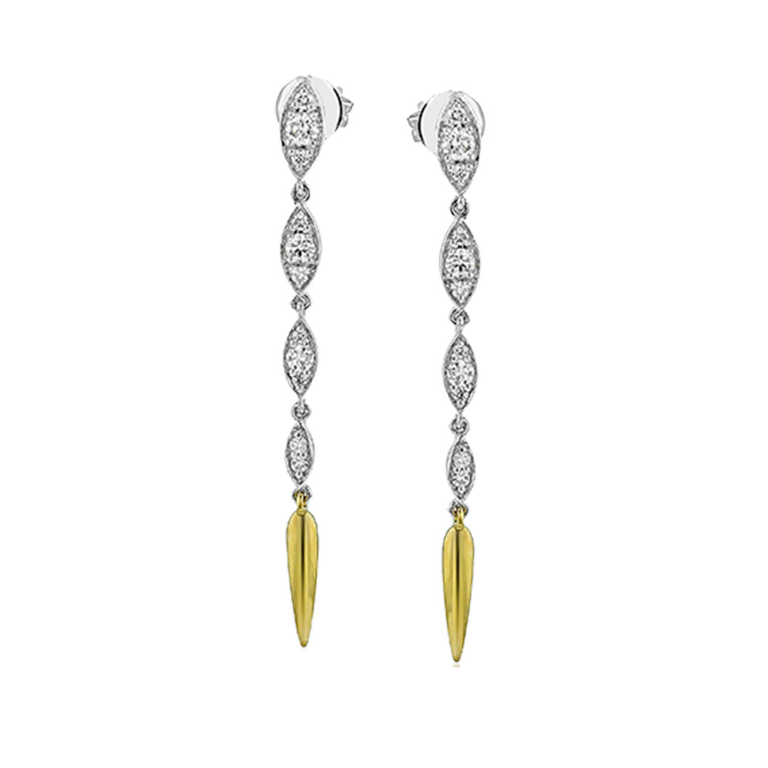 The Simon G. 18K White and Yellow Gold Diamond Drop Earrings feature marquise-shaped silver segments with round diamonds, ending in an elongated gold teardrop tip.